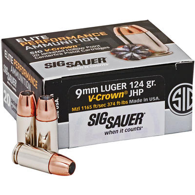 Sig Sauer Ammo Elite V-Crown 9mm JHP 124 Grain 20 Sig Sauer Ammo Elite V-Crown 9mm JHP 124 Grain 20
