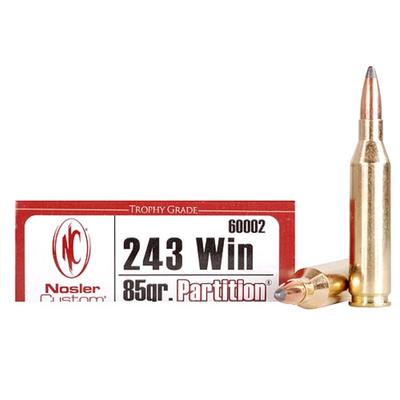 Nosler Ammo Custom 243 Winchester 85 Grain Partiti