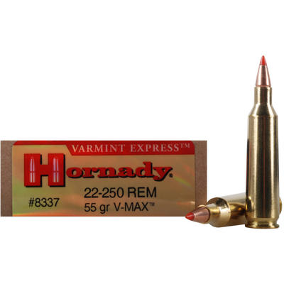 Hornady Ammo 22-250 Remington V-Max 55 Grain 20 Ro Hornady Ammo 22-250 Remington V-Max 55 Grain 20 Ro