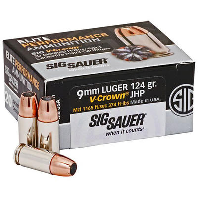 Sig Sauer Ammo Elite V-Crown 9mm JHP 124 Grain 20 Sig Sauer Ammo Elite V-Crown 9mm JHP 124 Grain 20