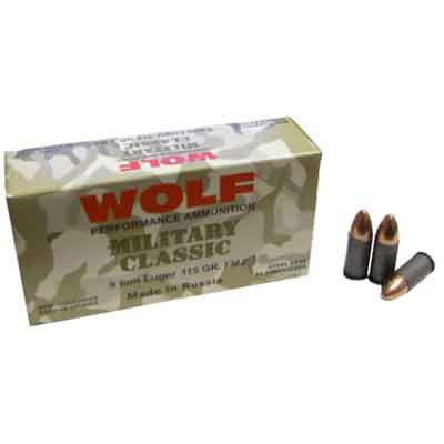 Wolf Ammo Military Classic 9mm FMJ 115 Grain 500 R