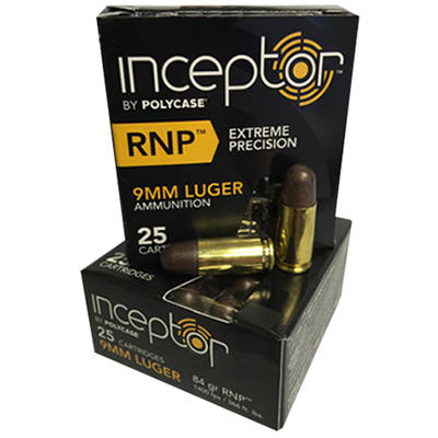PolyCase Ammo Inceptor RNP 9mm 84 Grain 25 Rounds