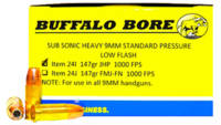 Buffalo Bore Ammo 9mm Subsonic JHP 147 Grain 20 Ro